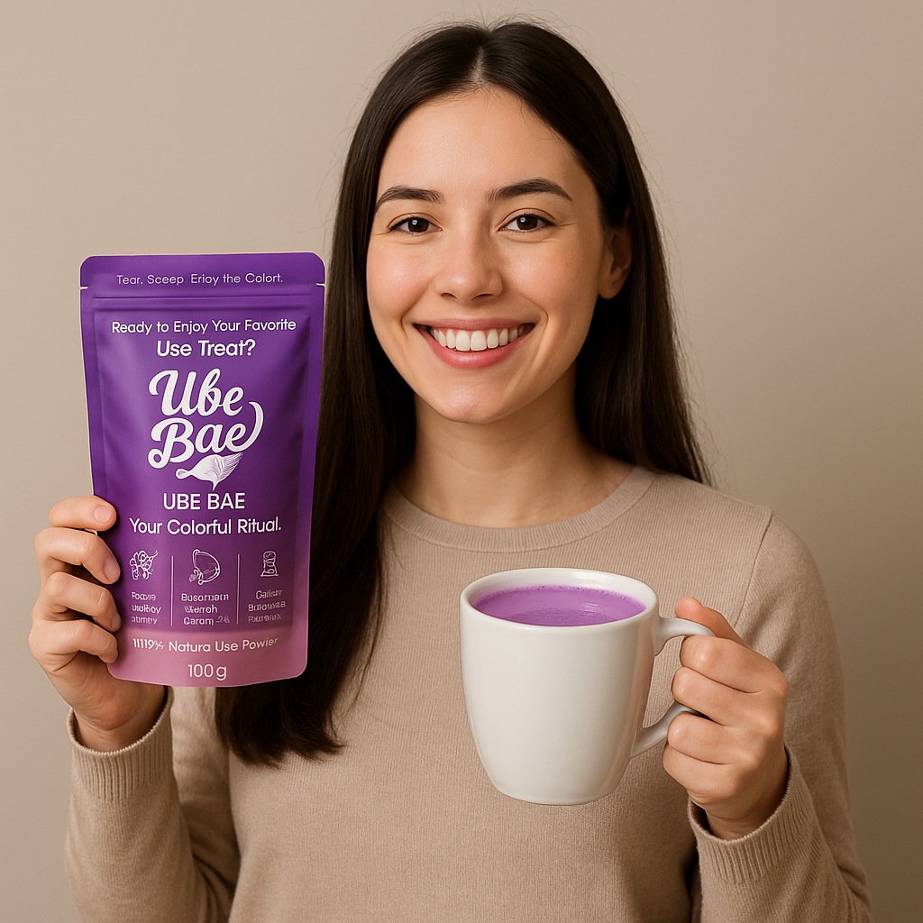 Woman holding a purple Ube Bae package and a mug with purple liquid