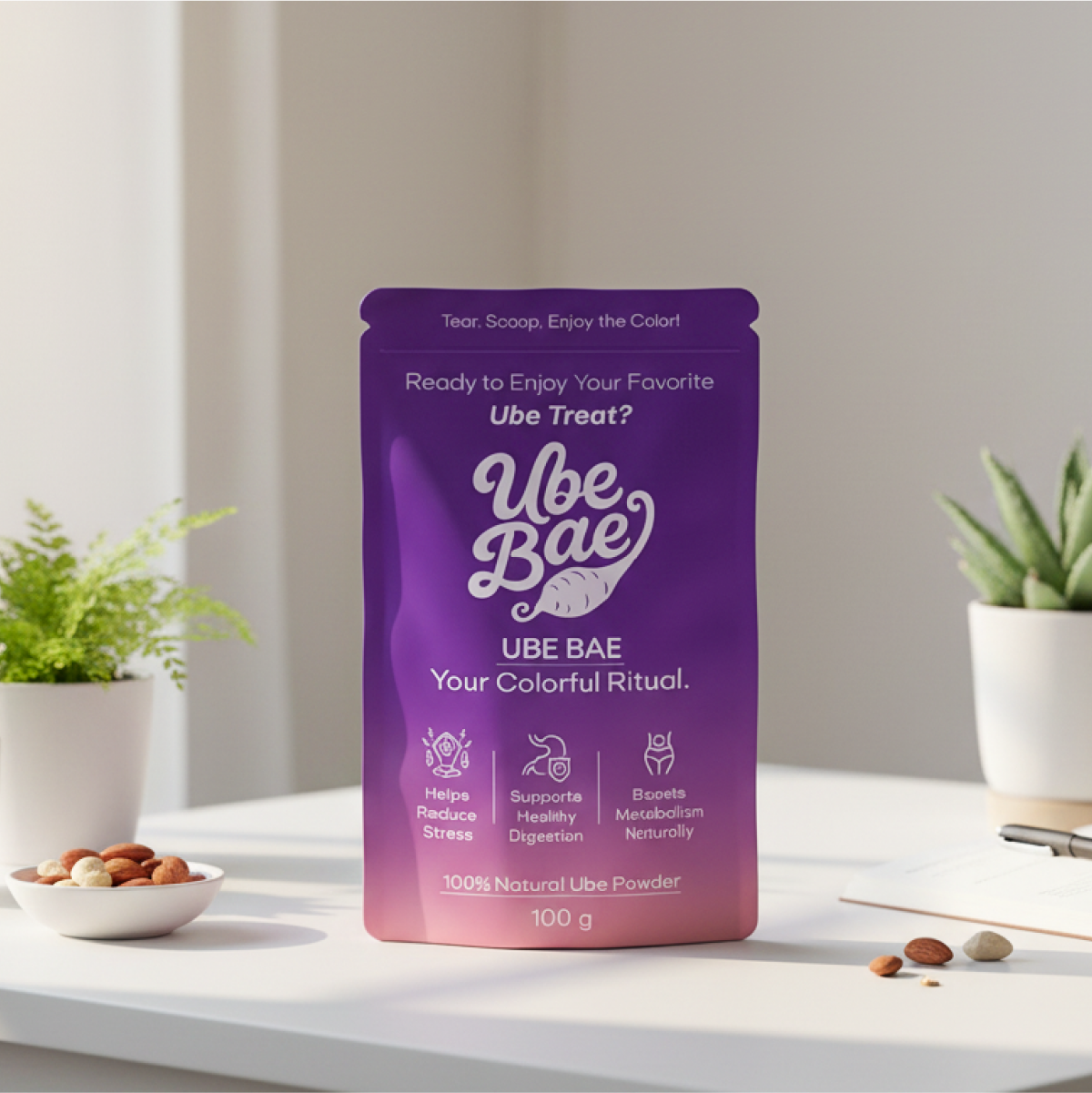 Purple package of Ube Bae on a white surface with plants in the background