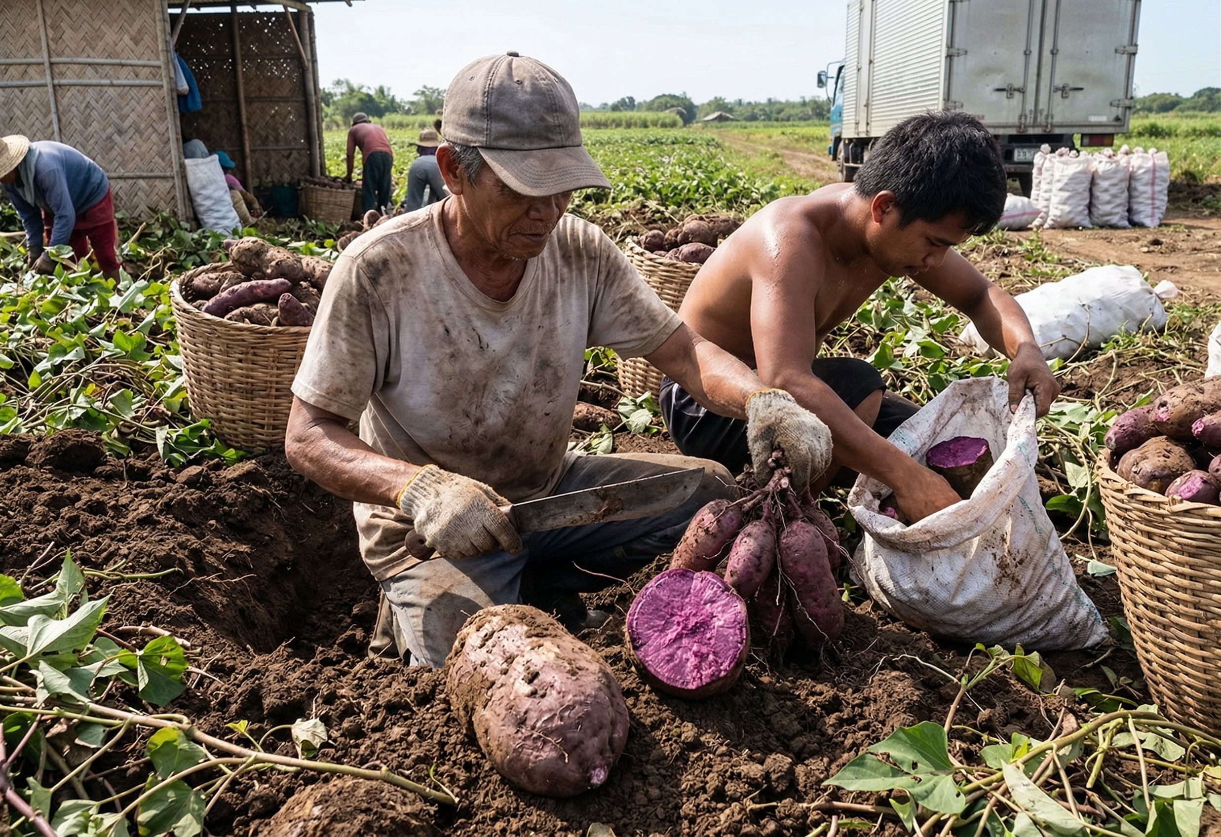 Filipino farmers hand-harvesting organic purple yam ube from volcanic soil in the Philippines
