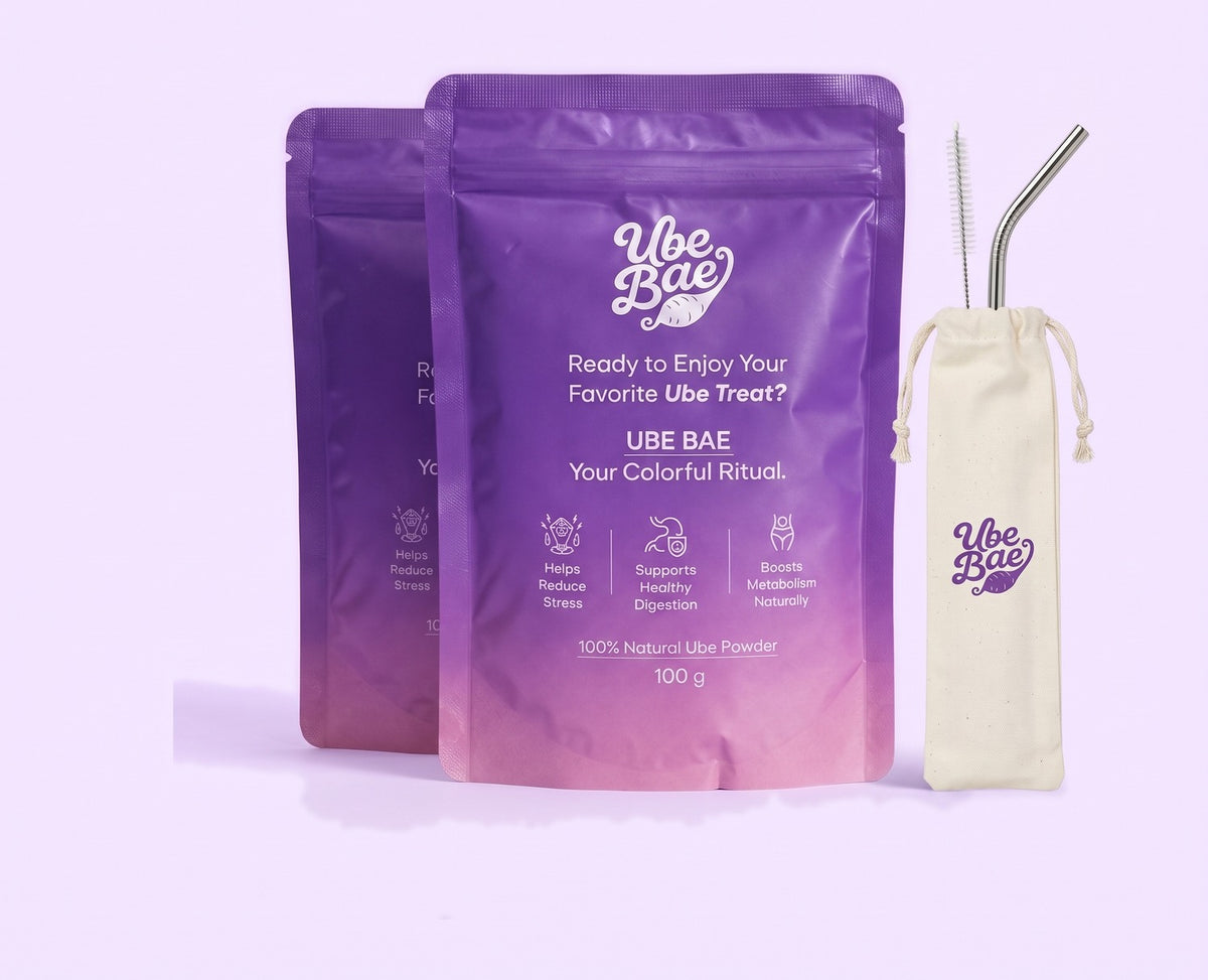 Two Ube Bae ube powder pouches with the free reusable stainless steel straw set