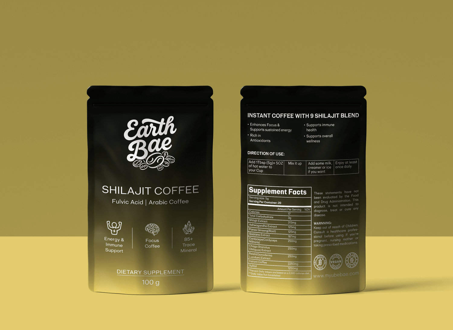 Organic shilajit coffee packaging with Earth Bae branding