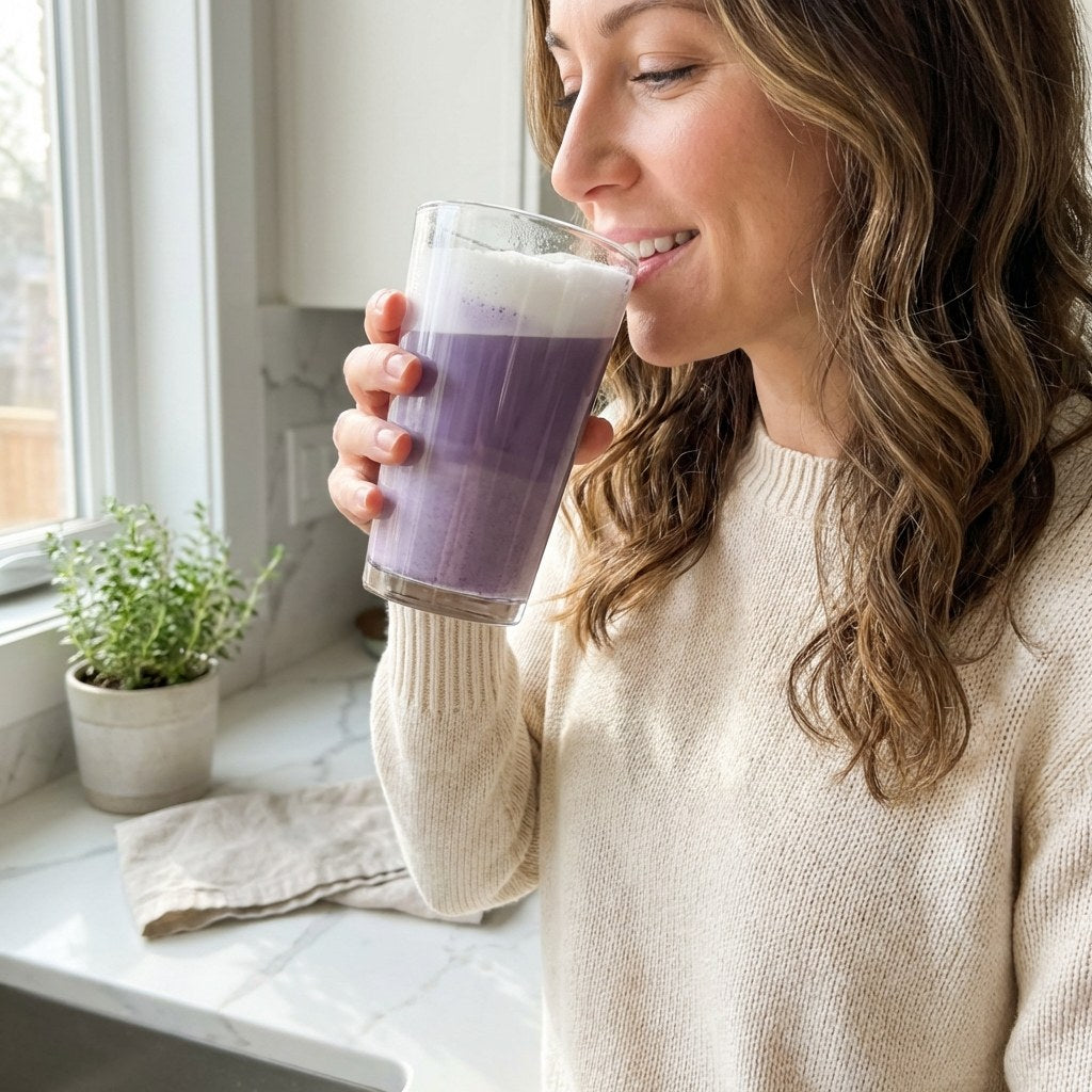 Woman enjoying a fresh purple ube latte in a bright modern kitchen