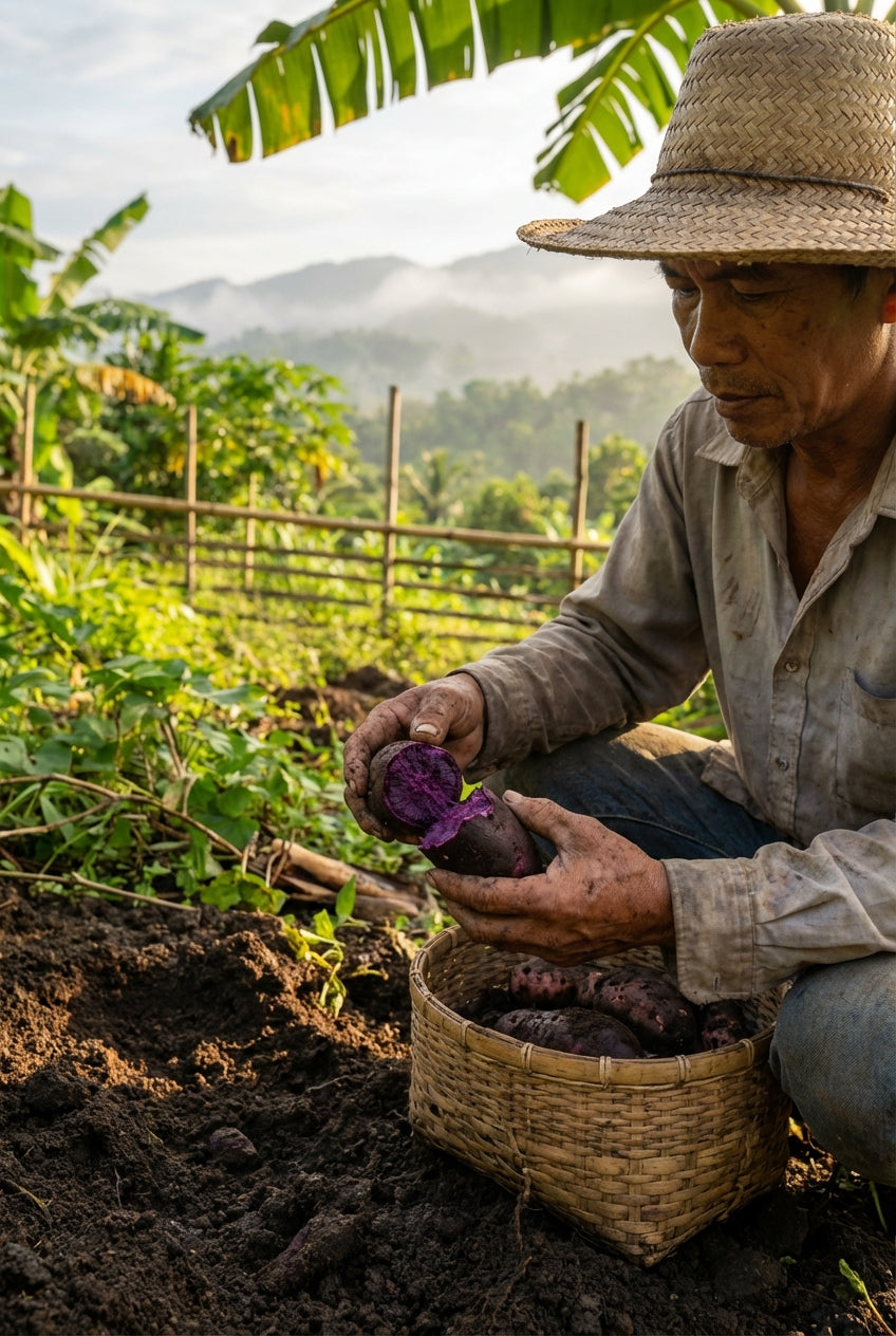 Filipino farmer harvesting fresh purple ube yams from volcanic soil in Bohol Philippines