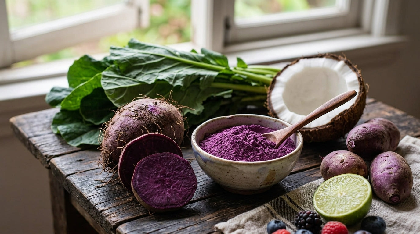 Ube purple yam health benefits - sliced ube showing purple flesh with ube powder
