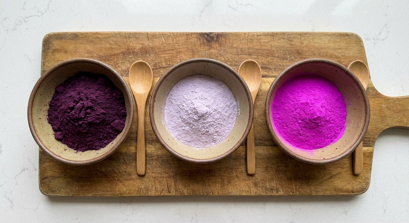 Three ube powder samples comparing real vs fake quality