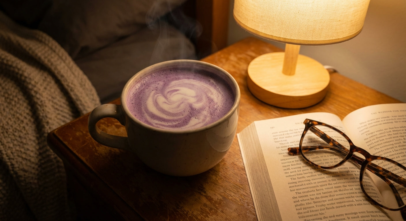 Purple ube latte on a nightstand at evening — caffeine-free relaxing drink