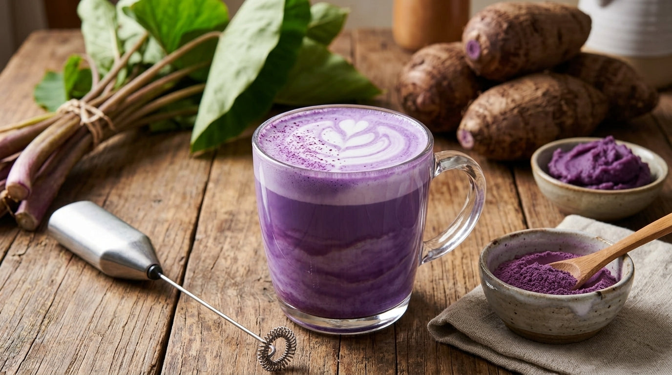 Homemade ube latte in a clear glass mug with ube powder and frother - UbeBae ultimate guide