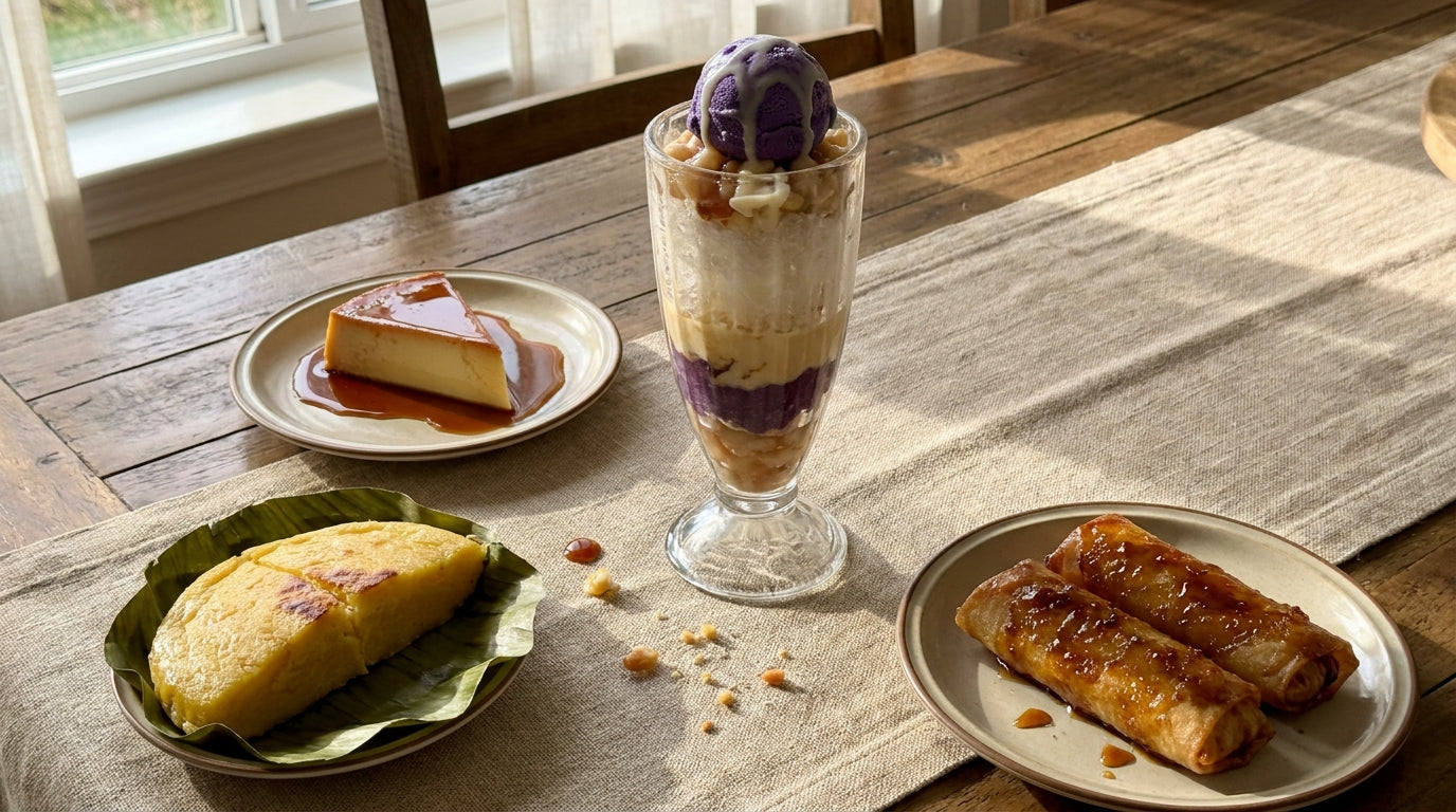 Spread of classic Filipino desserts on a wooden table: halo-halo with ube ice cream, leche flan with caramel, bibingka on banana leaf, and turon banana spring rolls