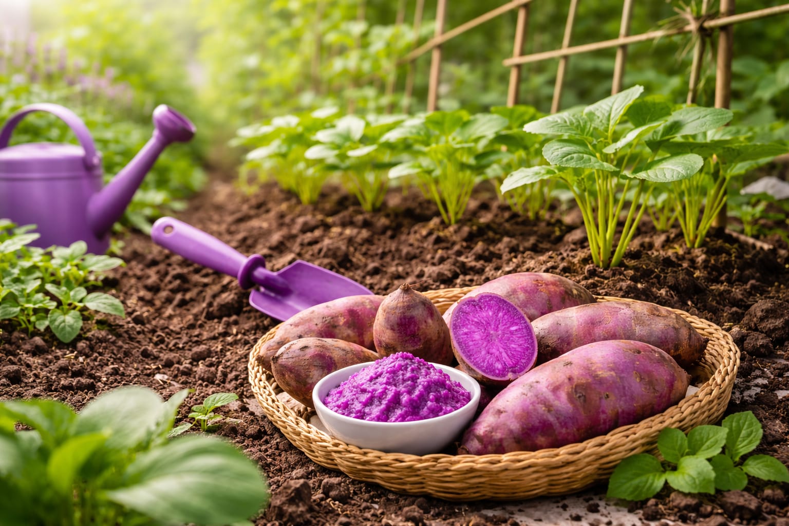 Fresh ube yam growing in soil with green leaves
