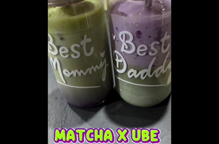 Layered iced matcha and ube lattes — green and purple layers in clear glasses