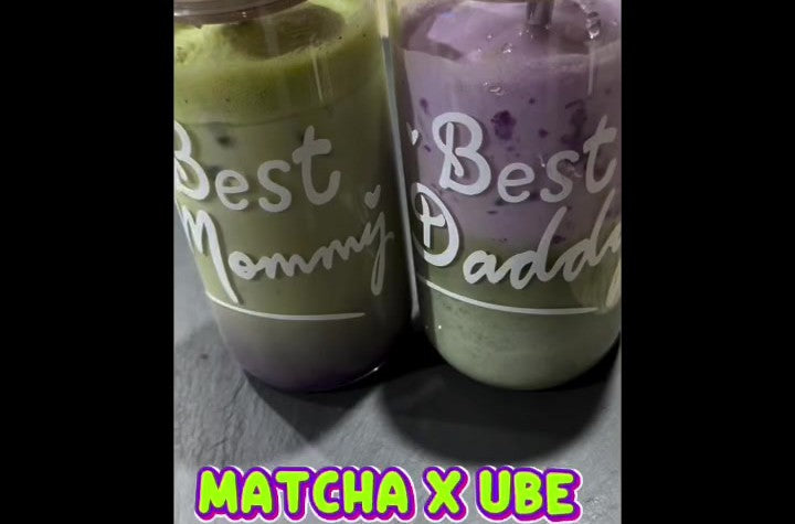 Purple ube latte and green matcha latte side by side comparison