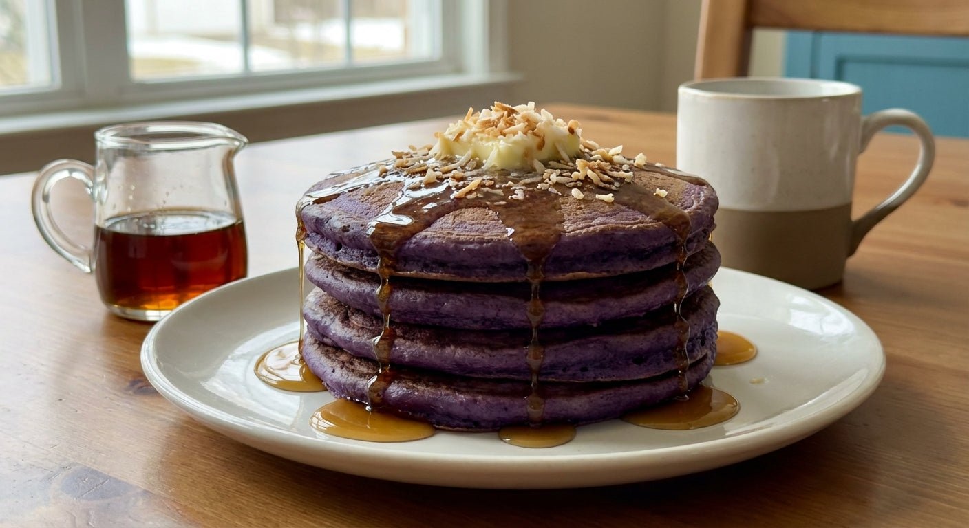 Stack of fluffy purple ube pancakes with maple syrup and toasted coconut on a white plate