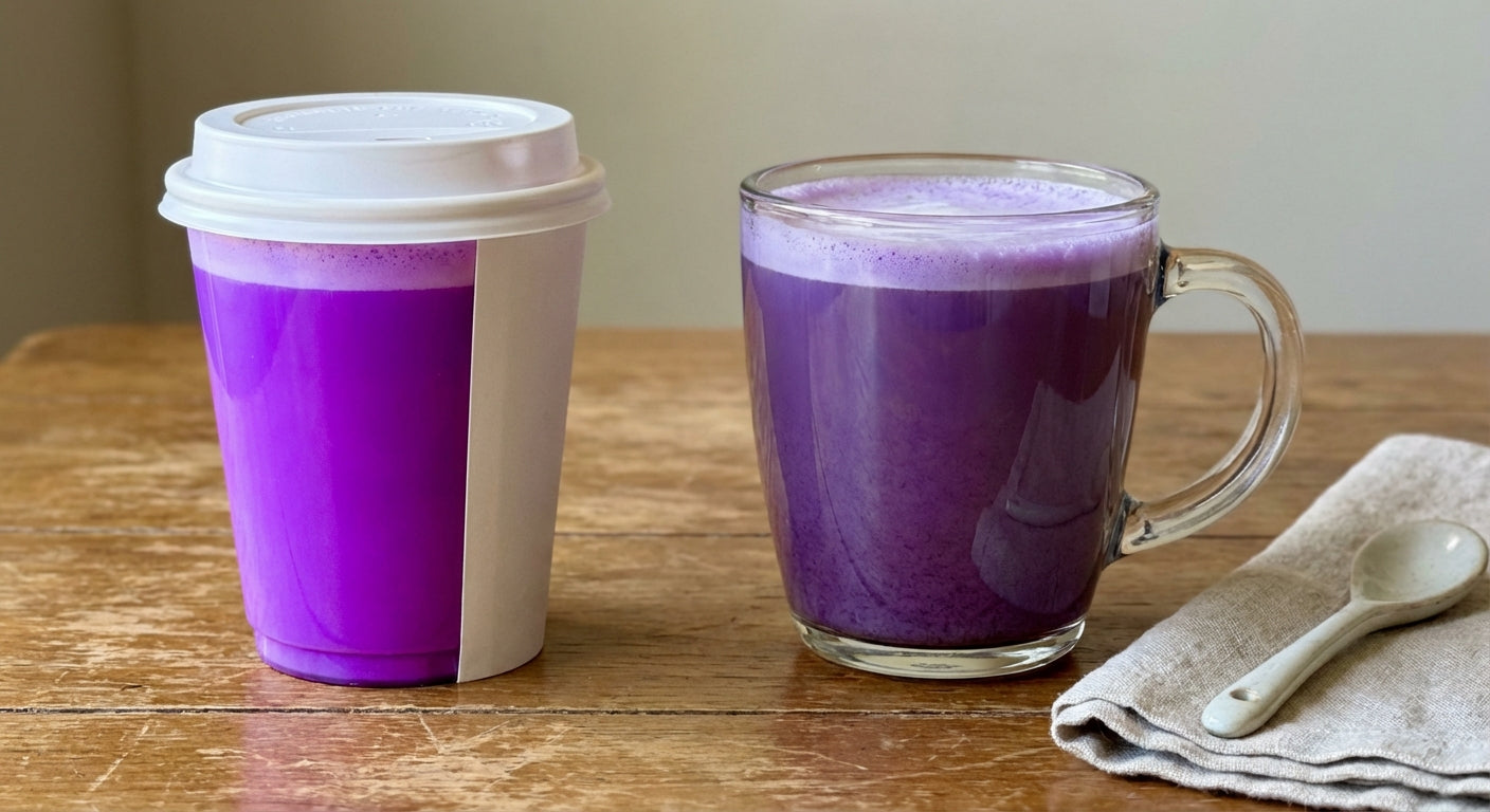 Two purple ube lattes compared — café version and homemade