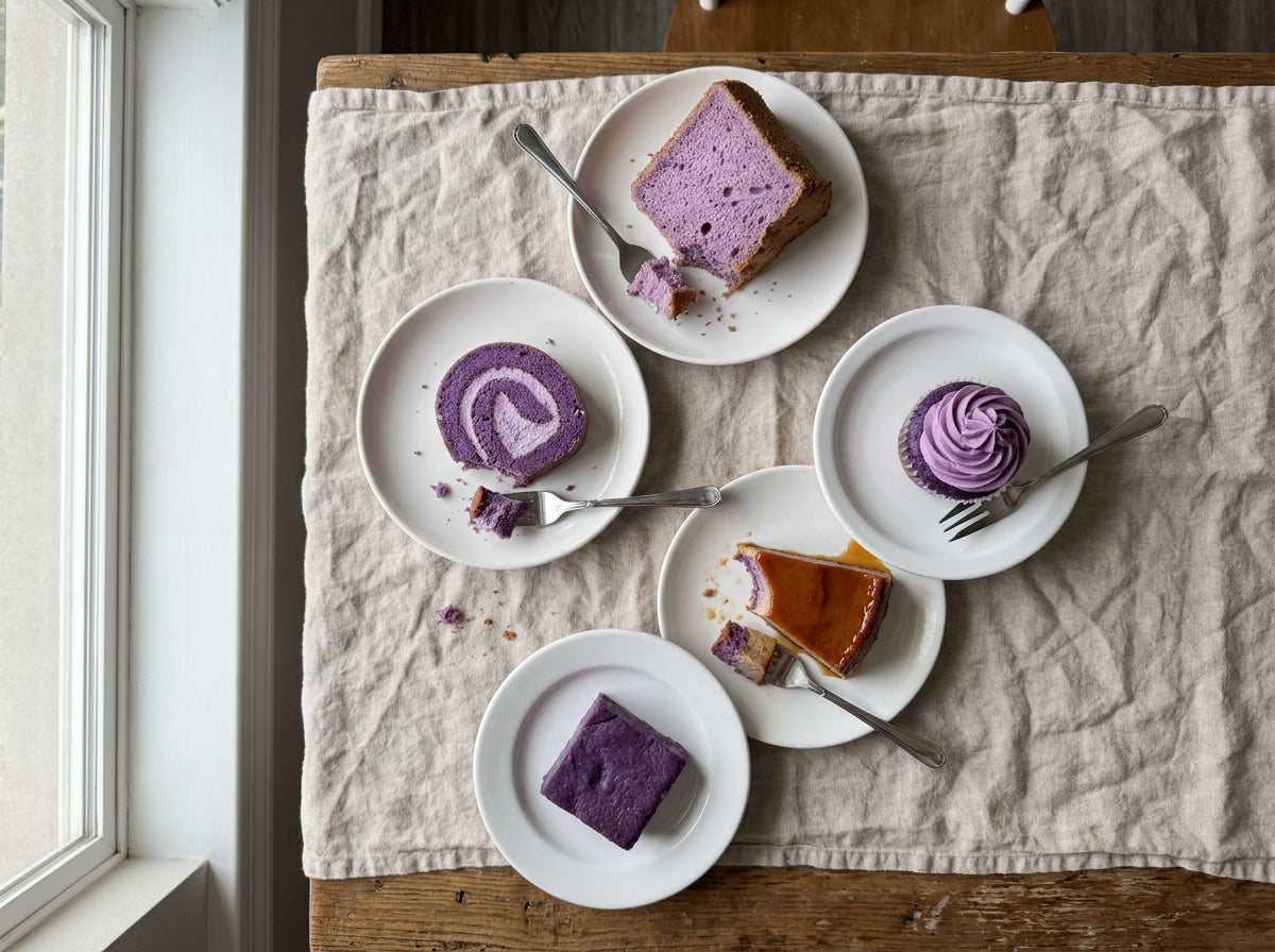 Overhead spread of five types of ube cake on white plates: tall purple chiffon, ube roll, ube cupcake, ube flan cake, and ube mochi cake on a wooden table