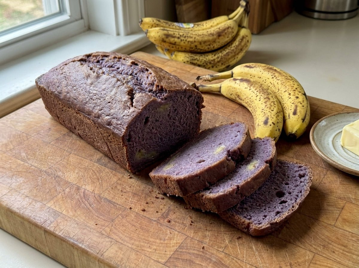 Loaf of ube banana bread on a wooden cutting board with several thick slices showing the moist purple-lavender crumb, ripe spotted bananas in the background