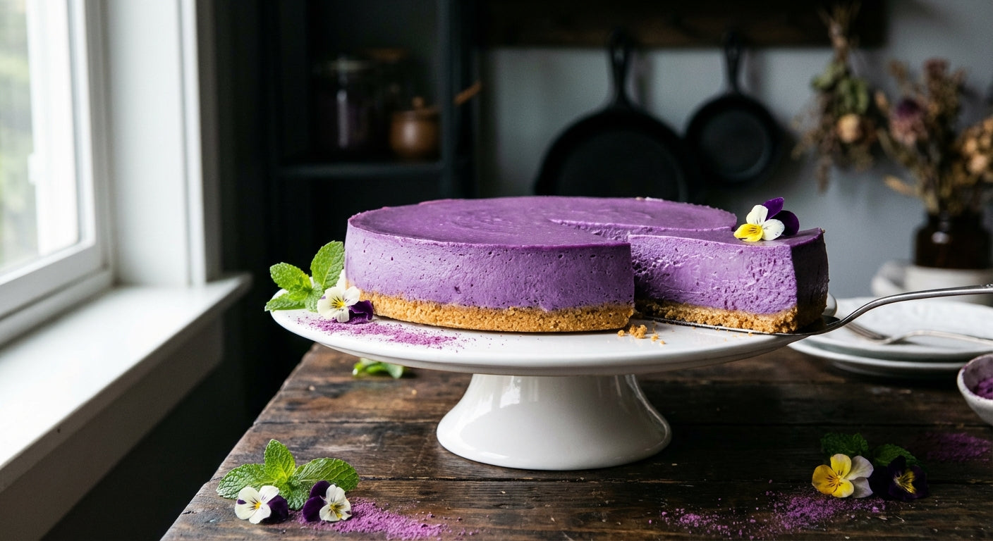 Whole purple ube cheesecake on a white cake stand with one slice cut
