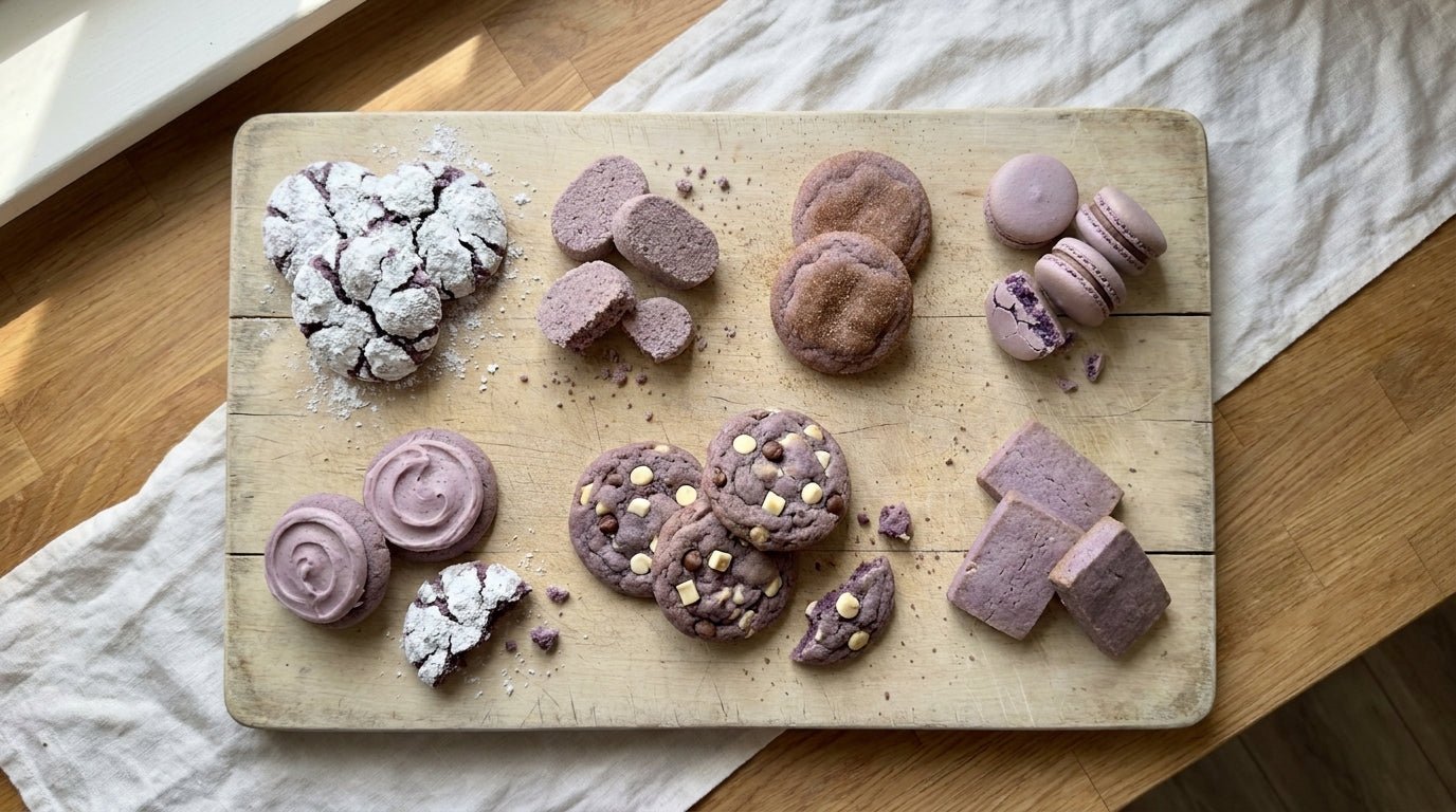 Overhead spread of 7 different ube cookies on a wooden board: crinkles, polvoron, snickerdoodles, macarons, sugar cookies, chocolate chip cookies, and shortbread
