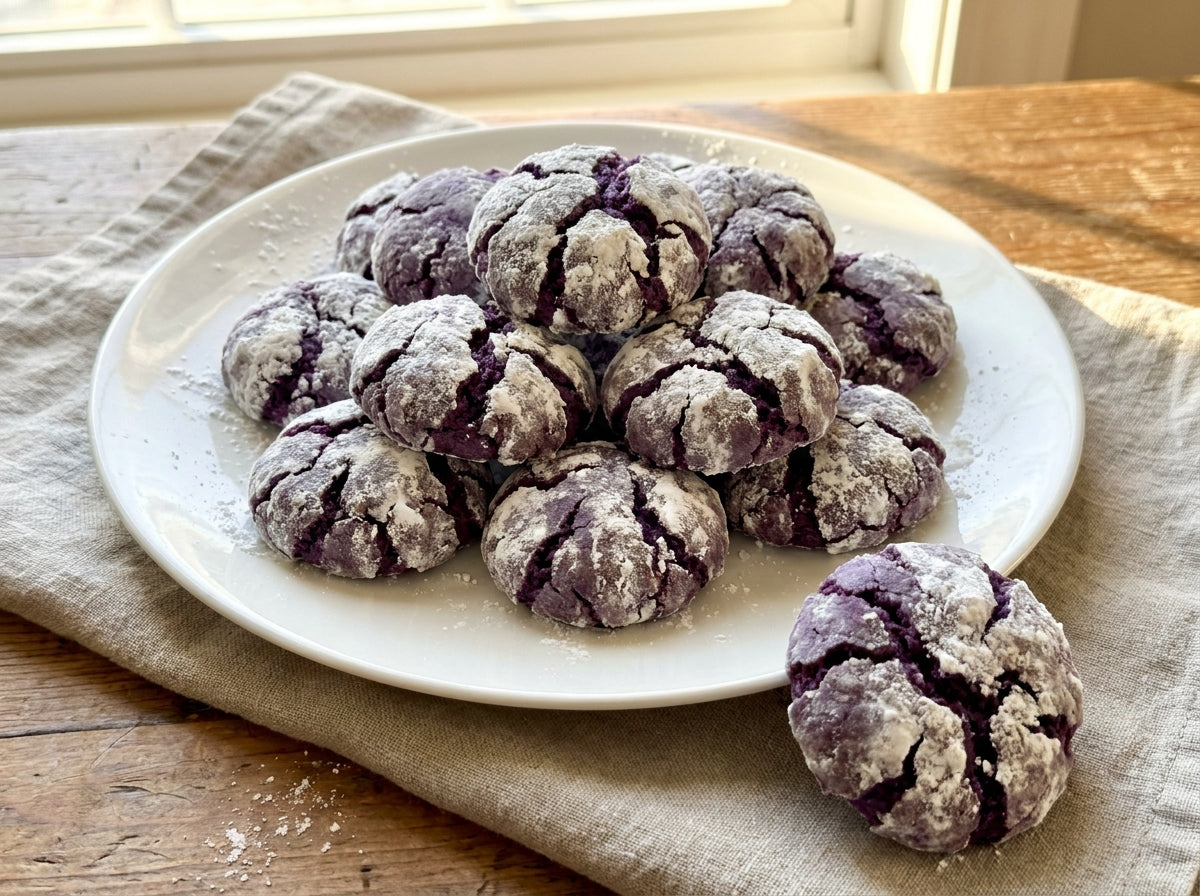 White plate piled with about 12 ube crinkle cookies — soft purple cookies heavily coated in white powdered sugar with dramatic dark purple cracks visible through the sugar coating