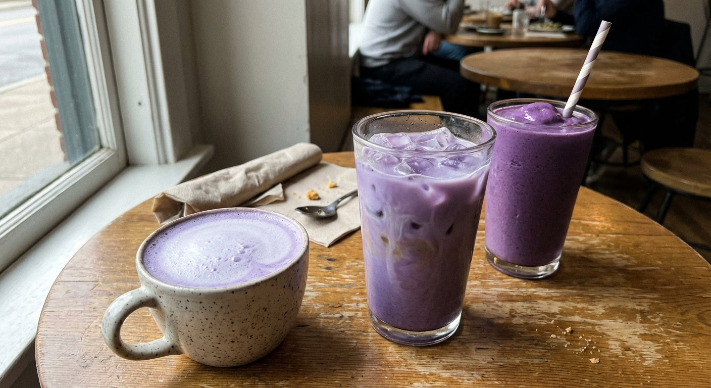 Three ube drinks on a café table — hot ube latte, iced ube latte, and ube smoothie
