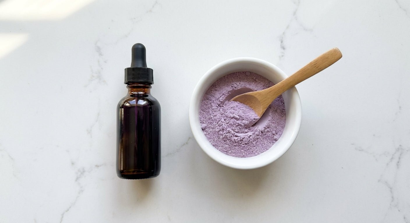 Side-by-side comparison of an amber glass dropper bottle of ube extract next to a white ceramic bowl of fine lavender ube powder