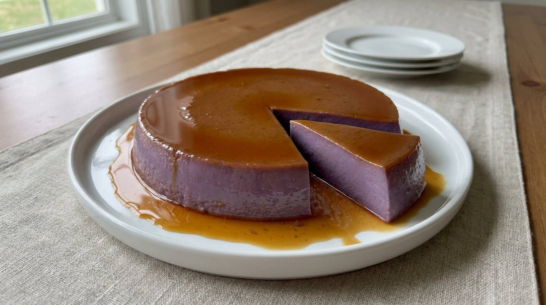 Whole ube leche flan unmolded on a white plate — glossy lavender-purple custard with amber caramel pooling over the top, one slice cut to show the silky interior