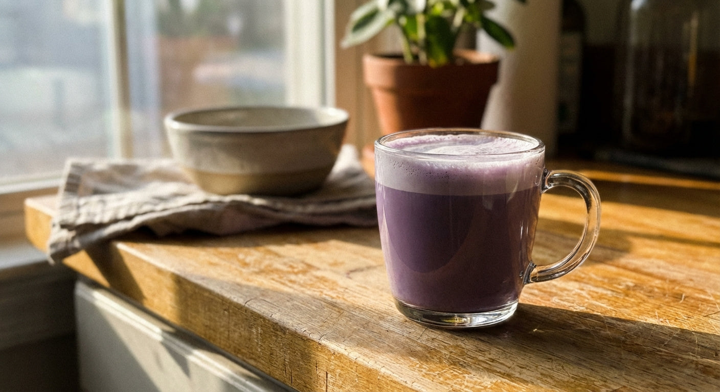 Purple ube latte in a clear glass mug with natural morning light