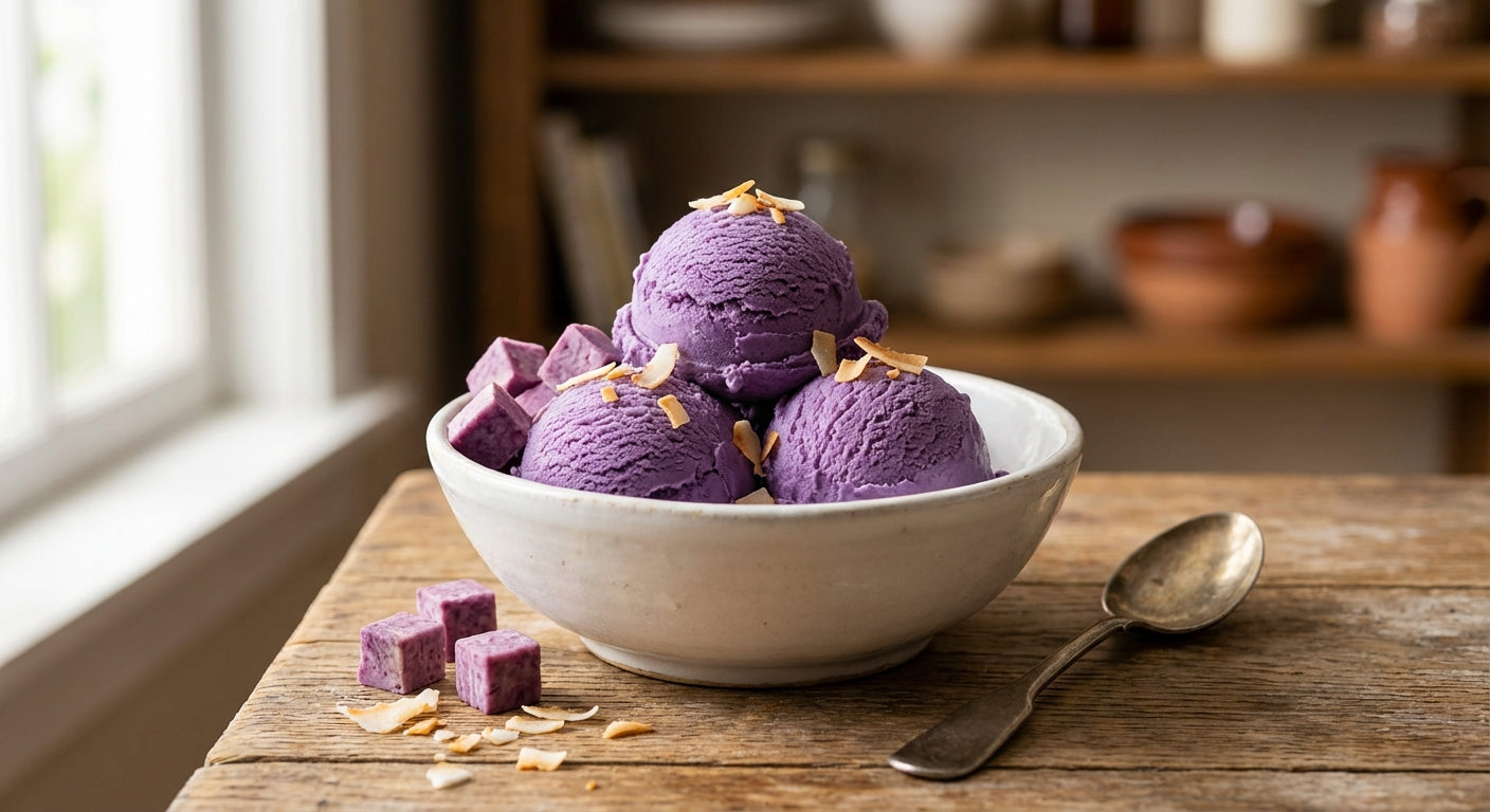 Creamy homemade purple ube ice cream scoops in a white ceramic bowl