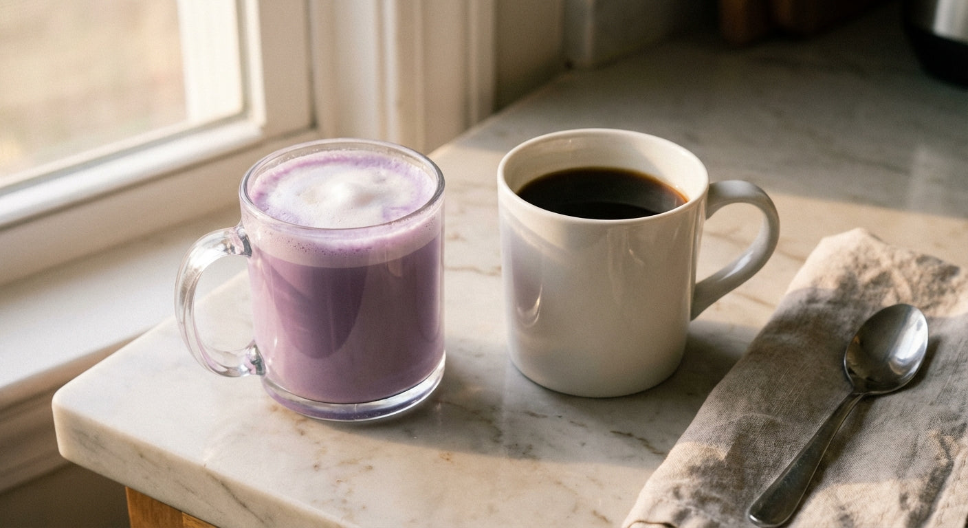 Purple ube latte next to dark coffee on kitchen counter, side by side morning comparison