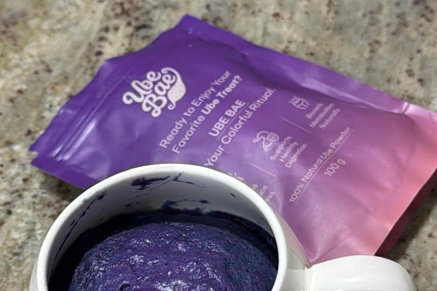 Purple ube mug cake made with Ube Bae organic ube powder
