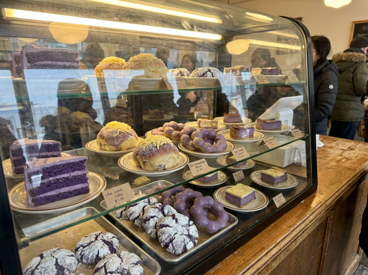 Bakery case displaying purple ube pastries — ube cake slices, ube ensaymada, mochi donuts, crinkle cookies, and cheesecake in a neighborhood Filipino bakery