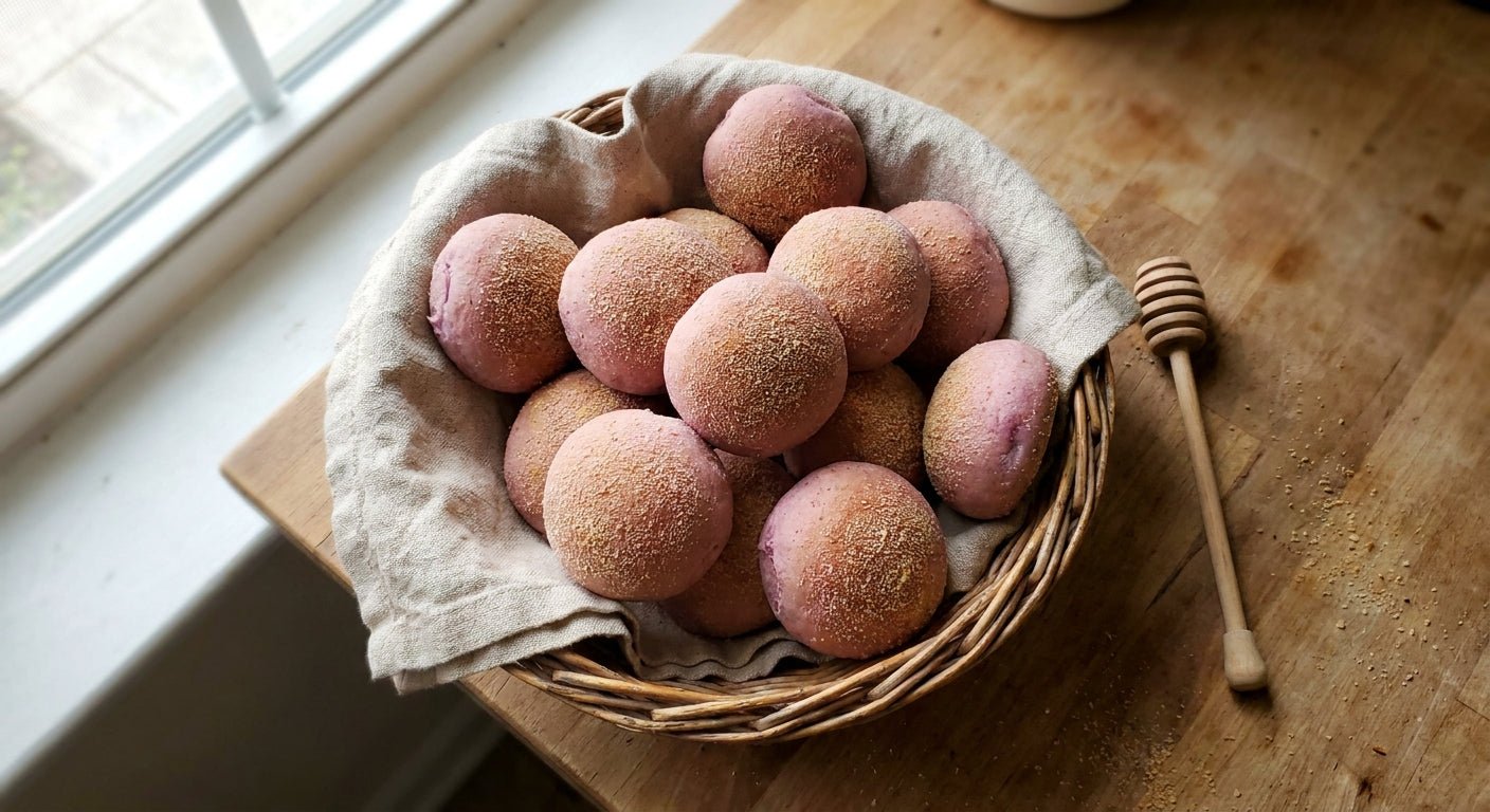 Wicker basket of freshly baked ube pandesal — soft Filipino purple yam bread rolls dusted with breadcrumbs on a wooden kitchen counter