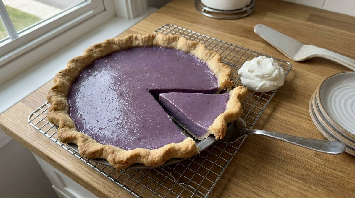 Whole 9-inch ube pie on a cooling rack, golden crimped crust around a smooth deep lavender custard, one slice partially lifted to show the silky purple interior