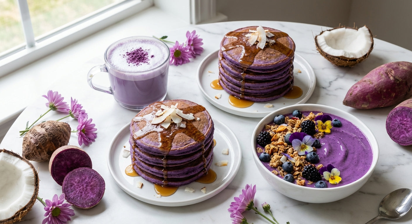 Spread of ube dishes including ube latte, ube pancakes, and ube smoothie bowl