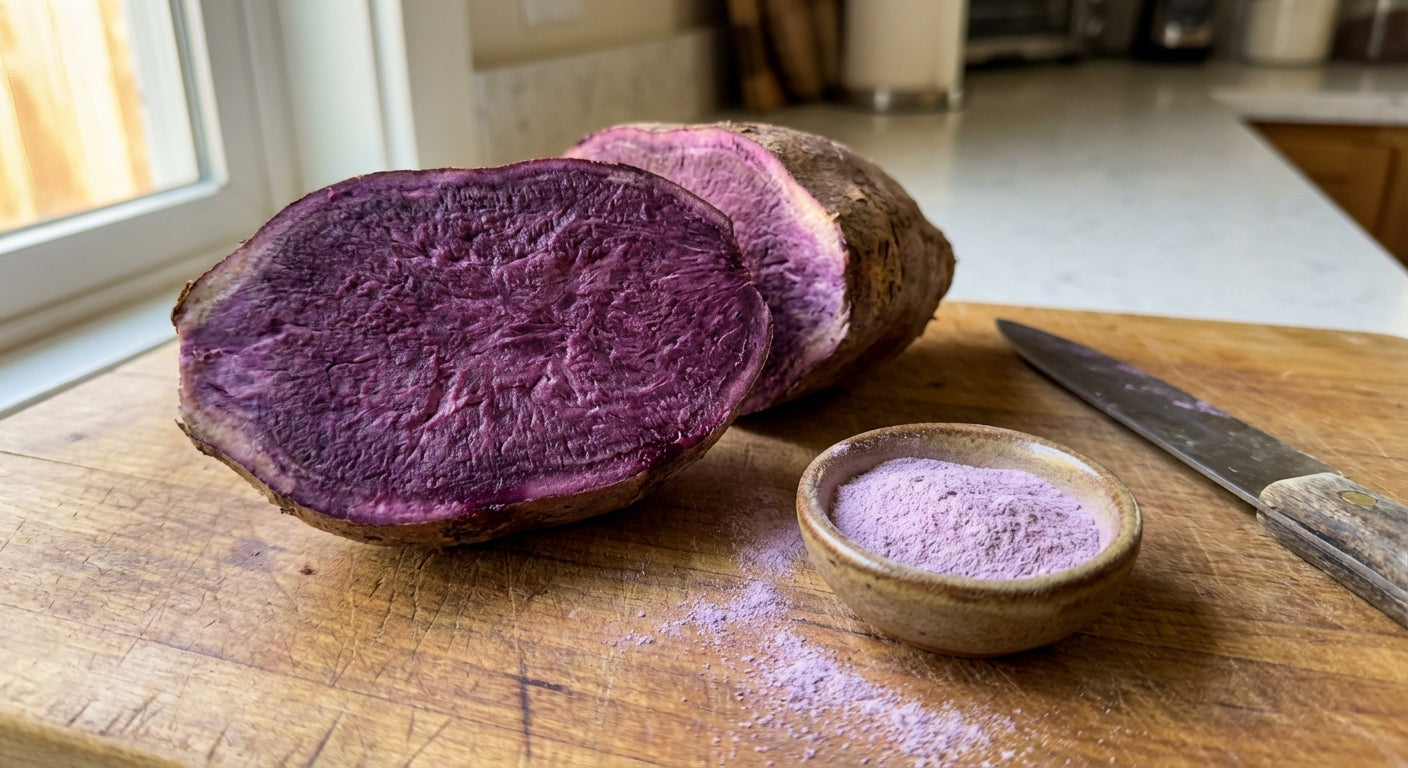 Purple ube yam cut in half showing vibrant purple flesh with ube powder