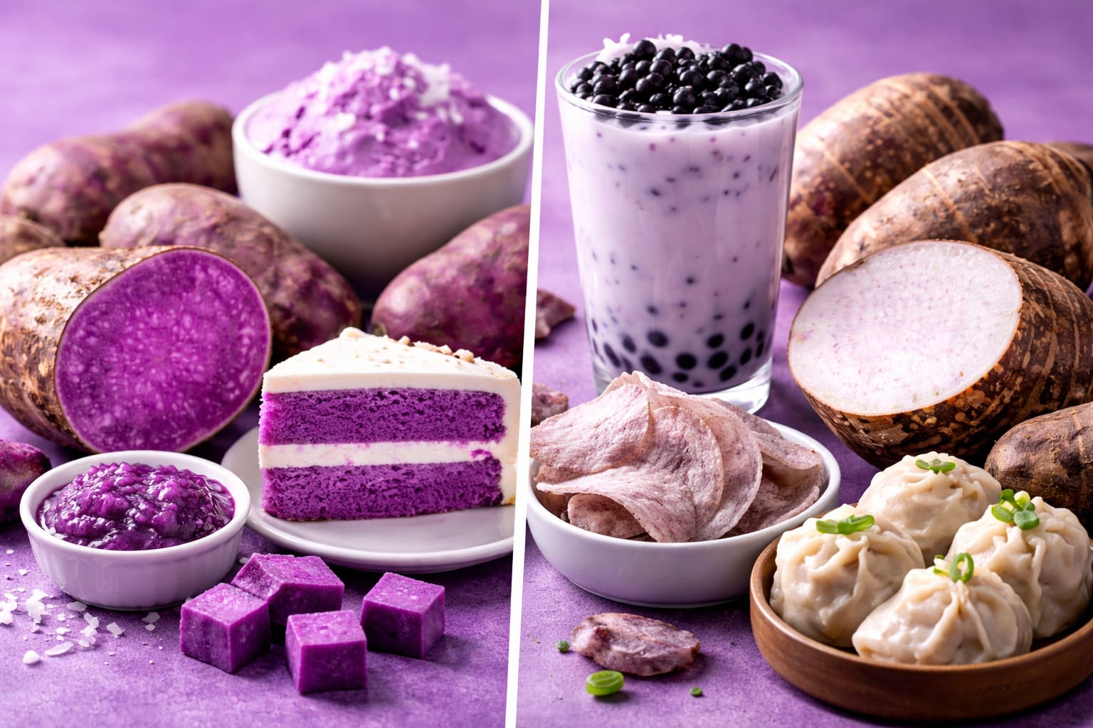Ube and taro desserts compared side by side