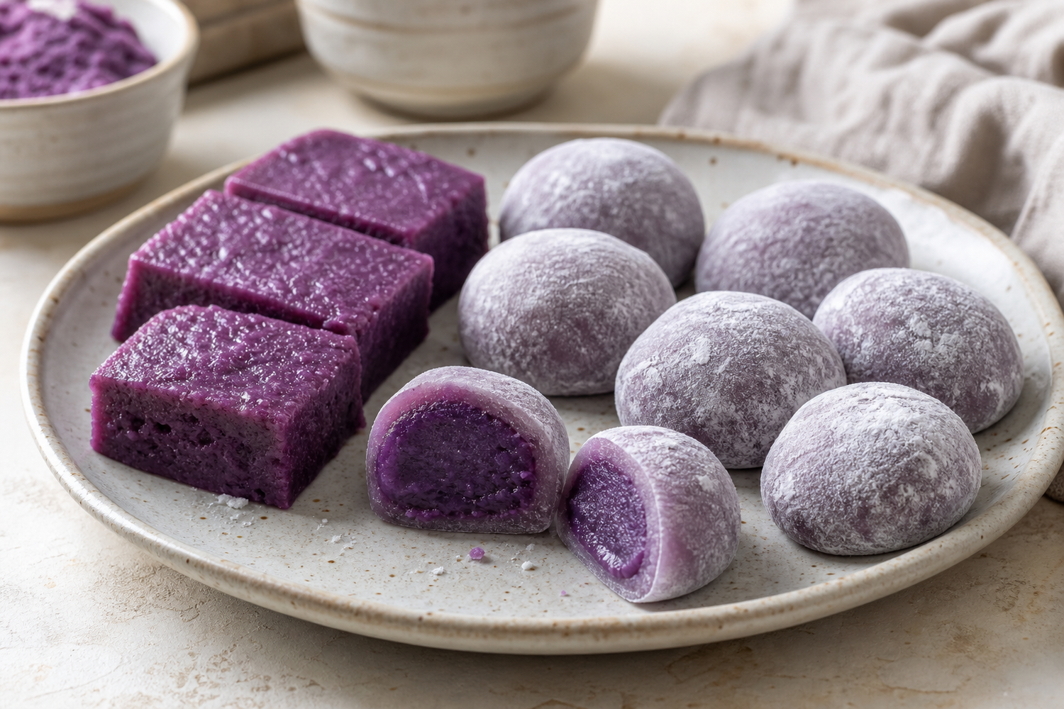 Photorealistic ube mochi desserts on a ceramic plate