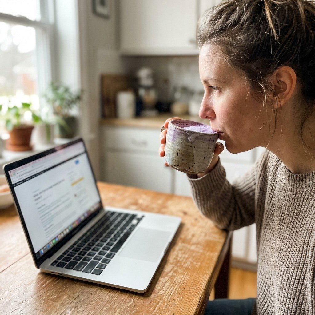 Woman sipping ube latte while shopping online on laptop