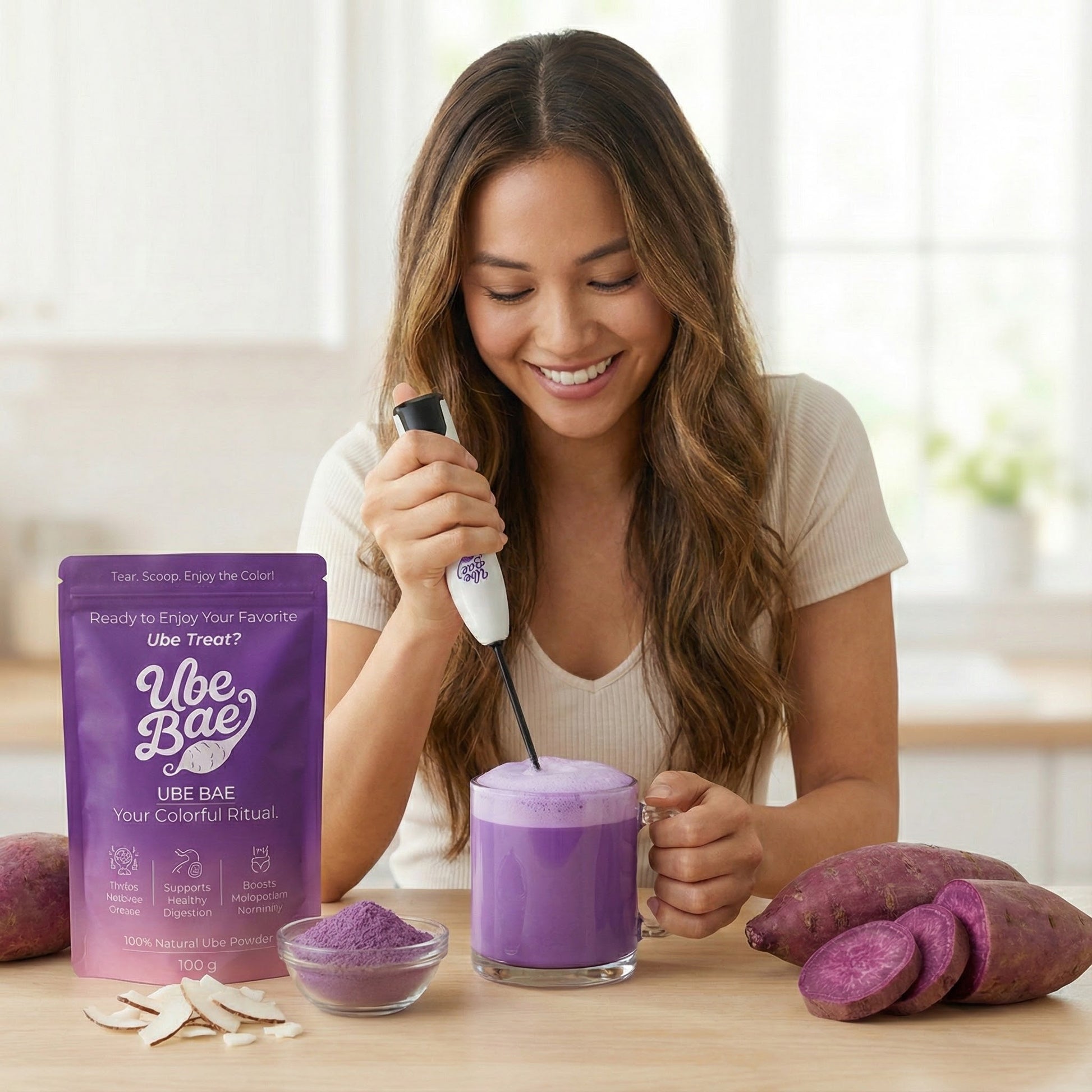 Woman making a purple smoothie with Ube Bae ube powder in a kitchen 