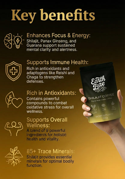 Earth Rae Shilajit Coffee package with key benefits