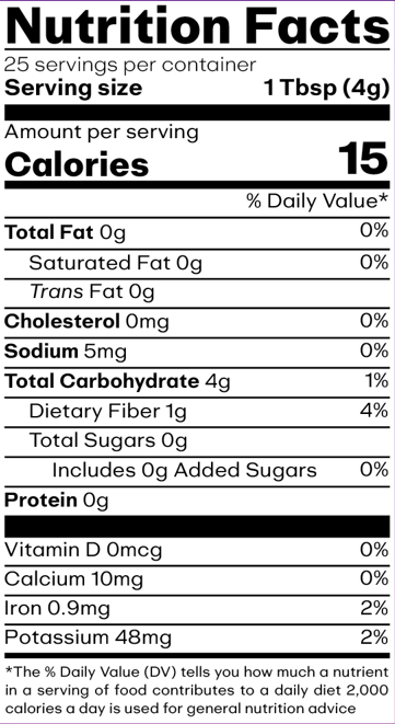 Nutrition facts label for a product with 15 calories per serving, 0g fat, 0g sodium, and 4g carbohydrates.
