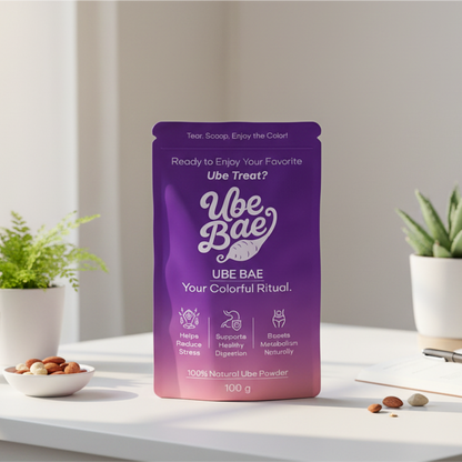 Purple package of Ube Bae on a white surface with plants in the background