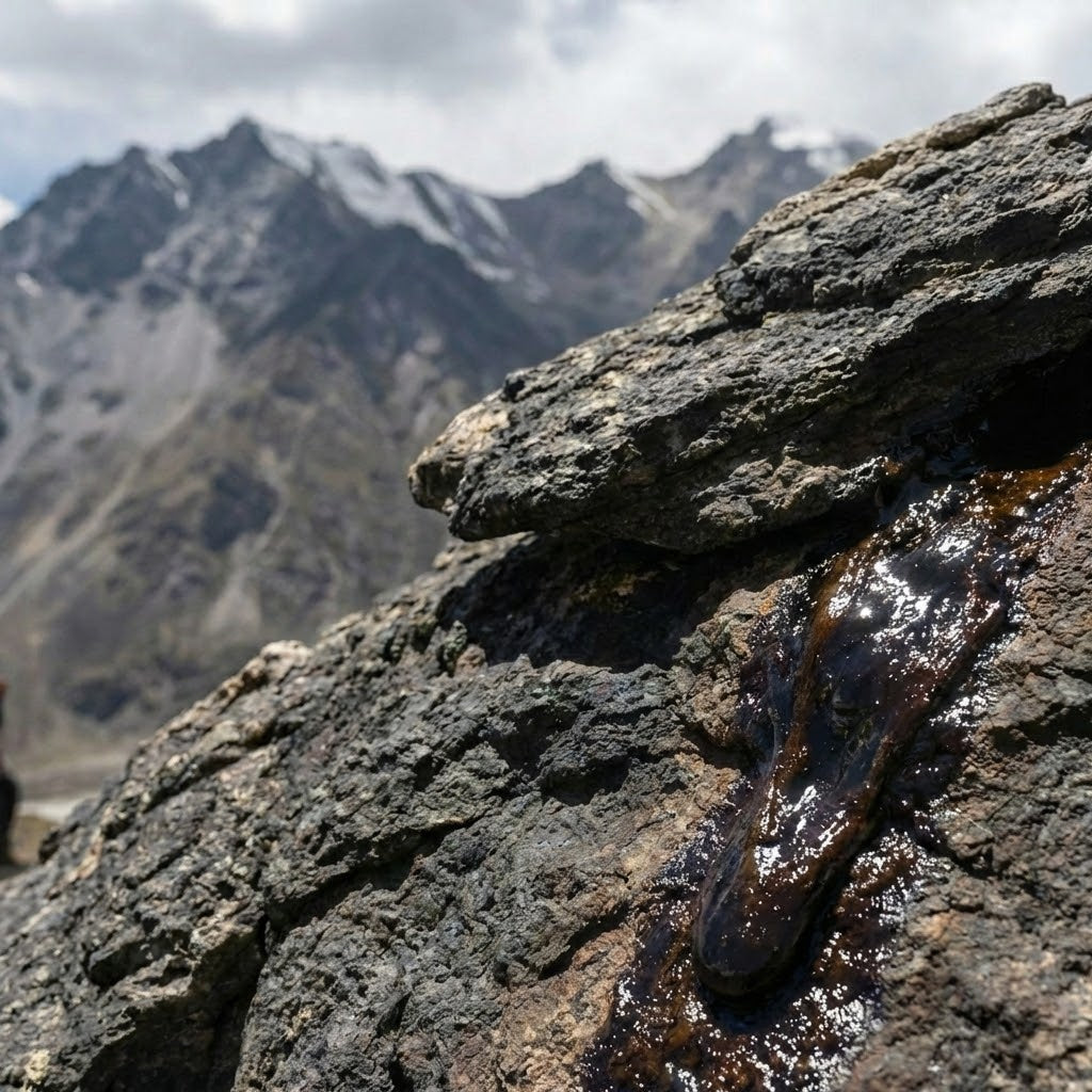 Close-up of a shilajit origin surface with mountains in the background
