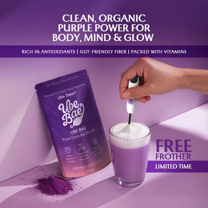 Purple powder being added to a glass with Ube Bae packaging, on a purple background.