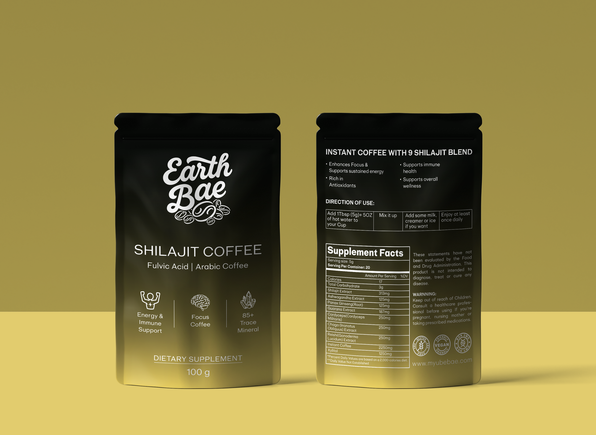 Organic shilajit coffee packaging with 'Earth Bae' branding