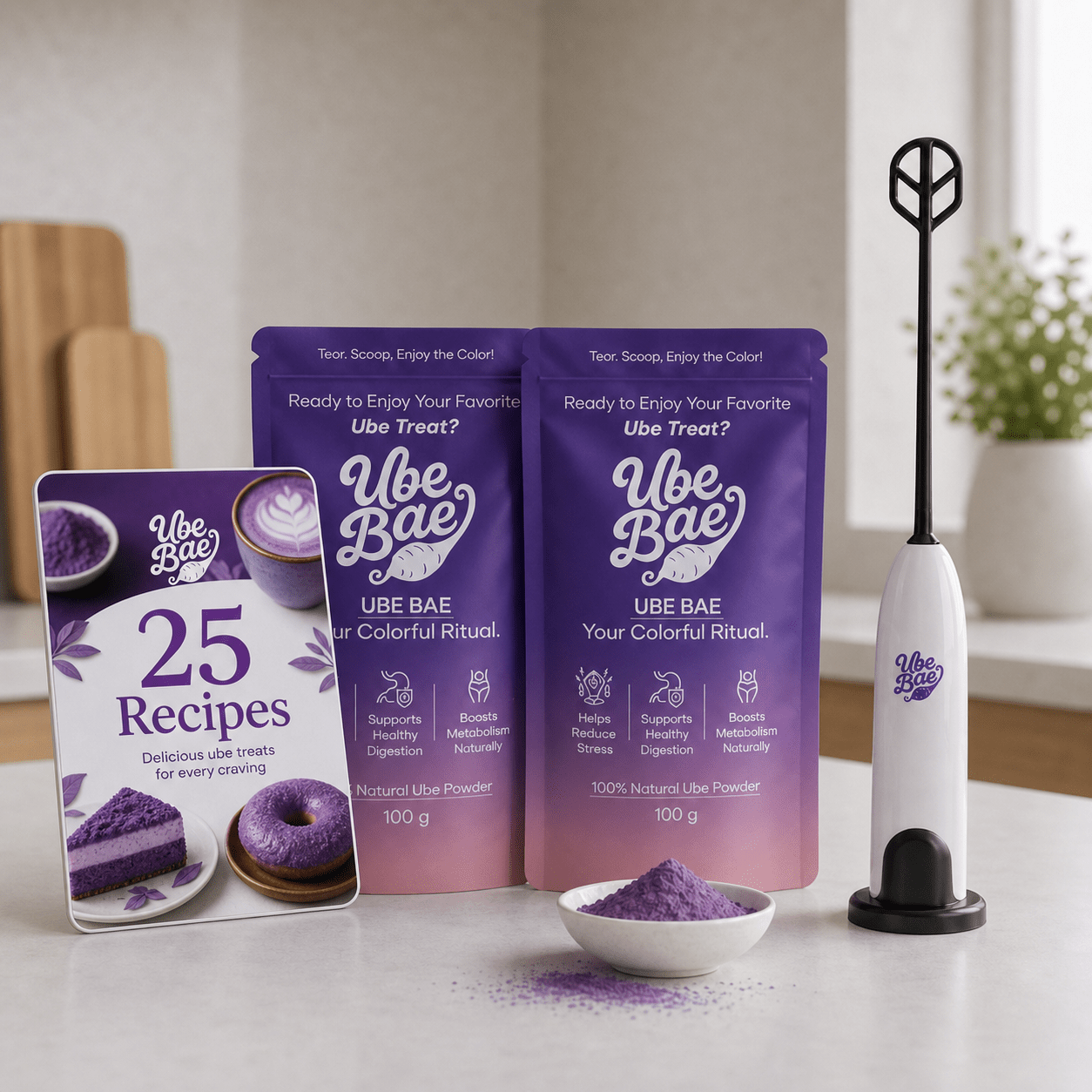 Ube Bae organic ube powder bundle - 2 pouches with ebook and frother