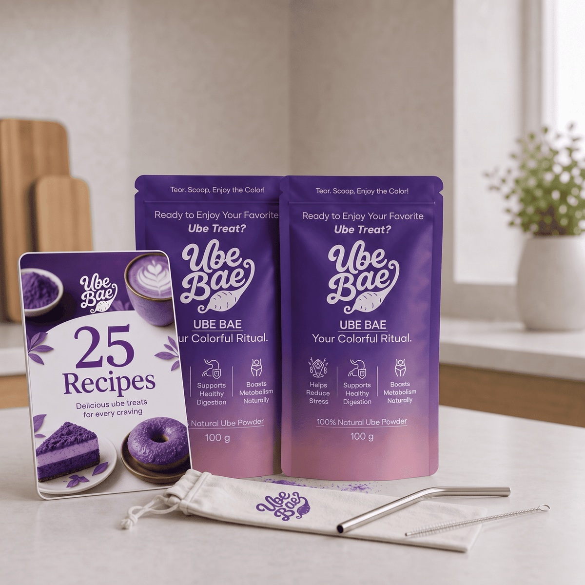 Ube Bae organic ube powder bundle - 2 pouches with recipe ebook and free reusable stainless steel straw set