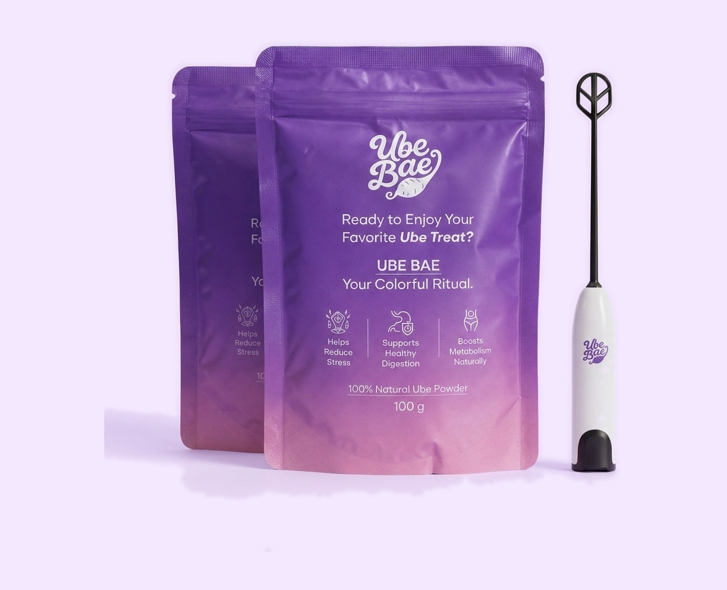 Ube Bae pouch with electric frother on a clean lavender background