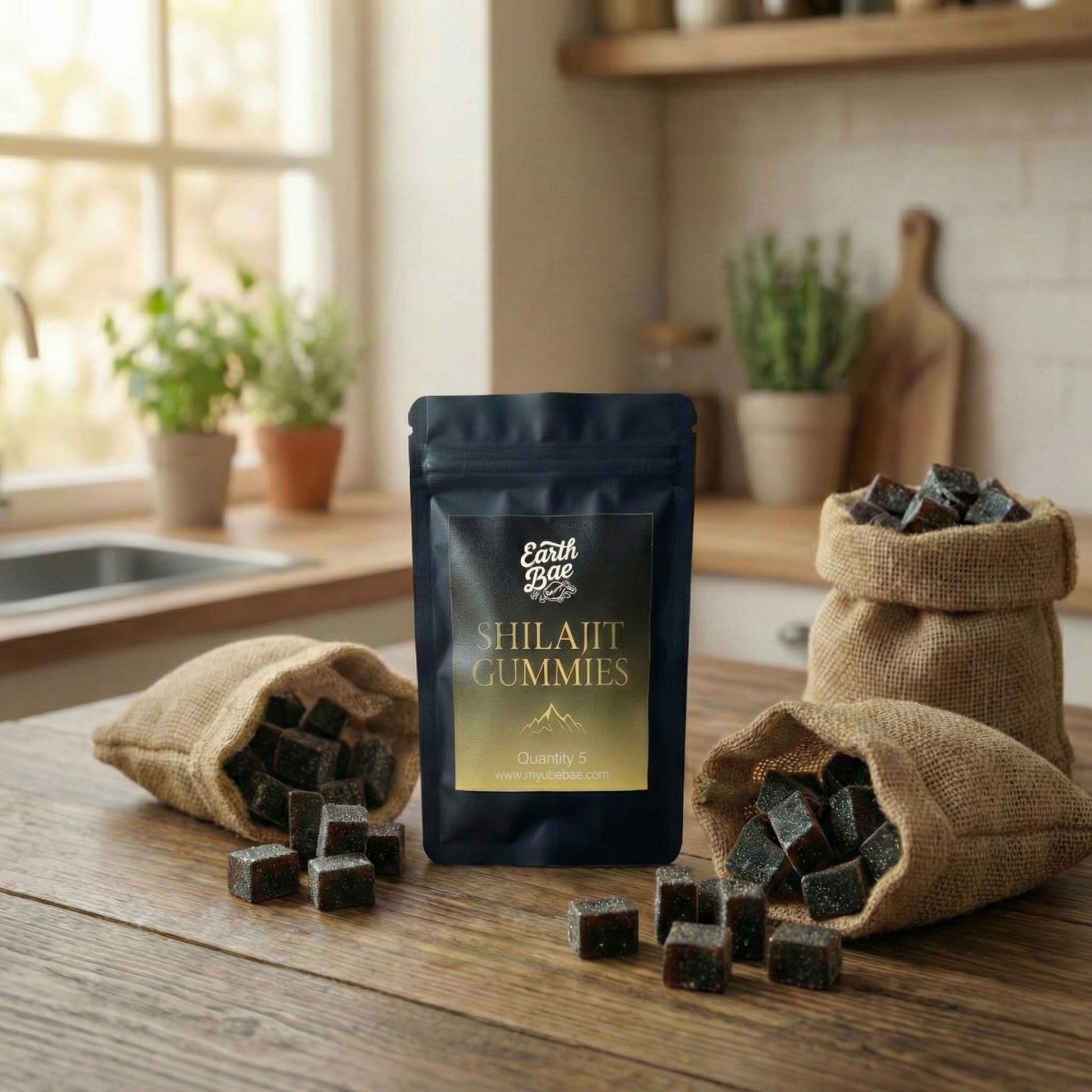Shilajit gummies packaging with gummies on a kitchen counter