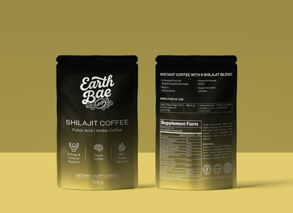 Organic shilajit coffee packaging with Earth Bae branding