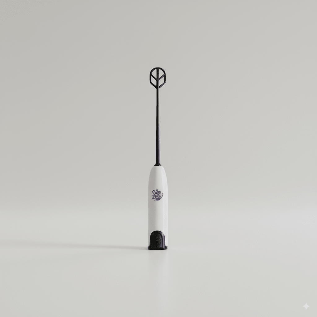 Ube Bae handheld milk frother close-up showing whisk head and logo